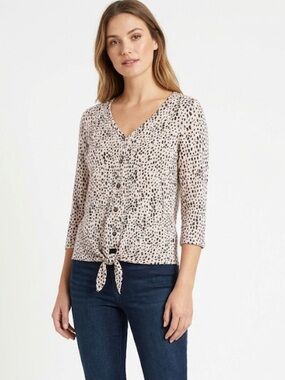 Reitmans Pink Animal Print Tie-Front Blouse | Button-Up 3/4 Sleeve Top
